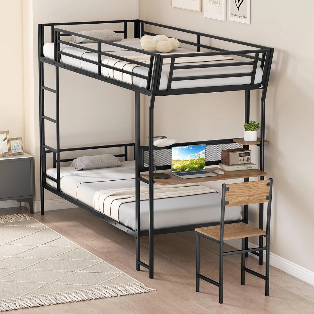 Letto a Castello con Scrivania, 90x190 cm, Struttura Letto in Metallo con Postazione di Lavoro in Legno, con Sponde di Sicurezza e Scala, Lettino Loft Carico 220 kg