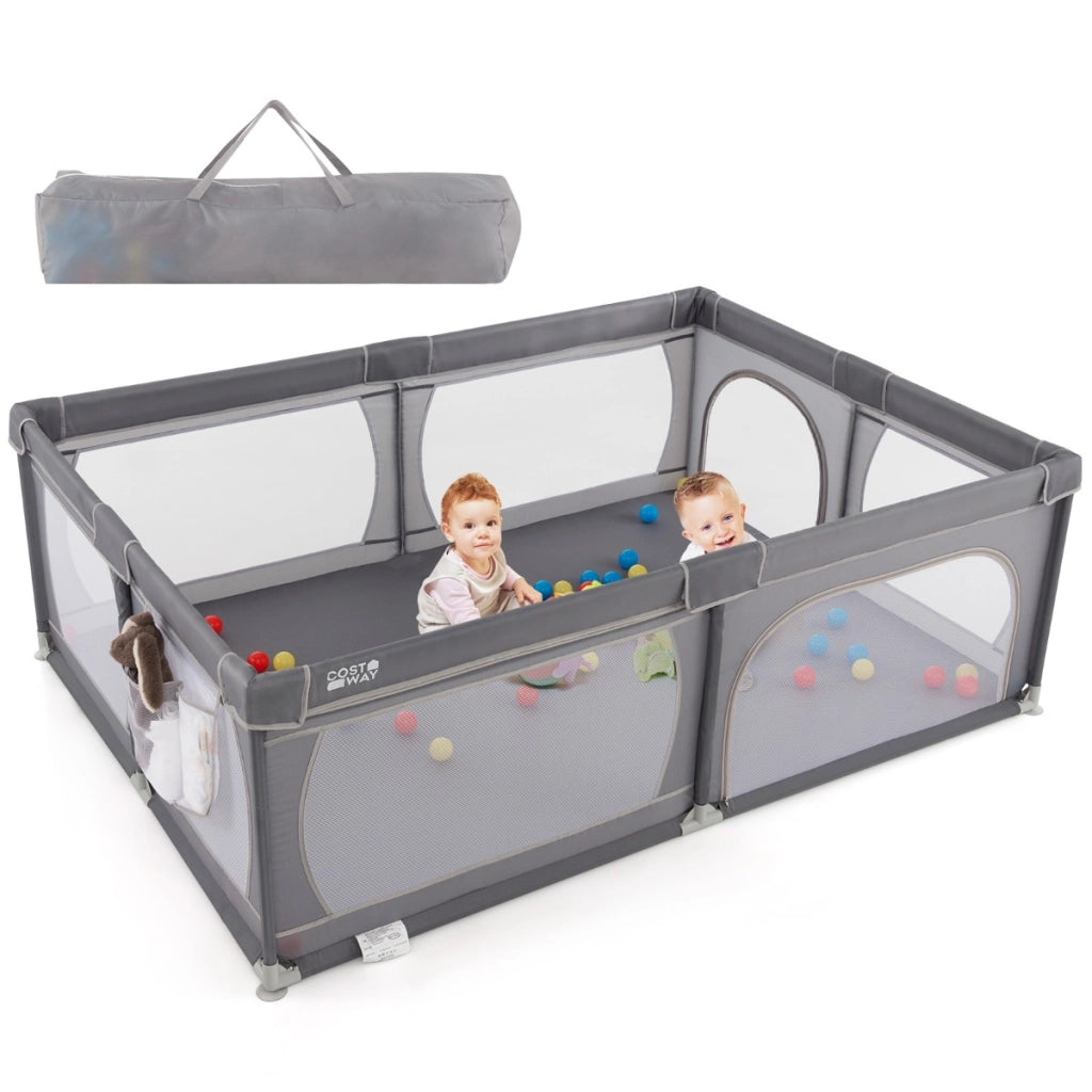 Recinto bambini con rete traspirante tasca portaoggetti apertura a cerniera, Box giochi per neonati Grigio scuro-Cancelletti di sicurezza