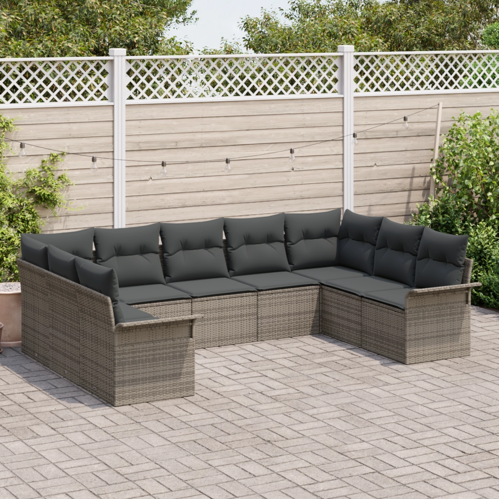Set divano da giardino a 9 pezzi con cuscini in polyrattan grigio