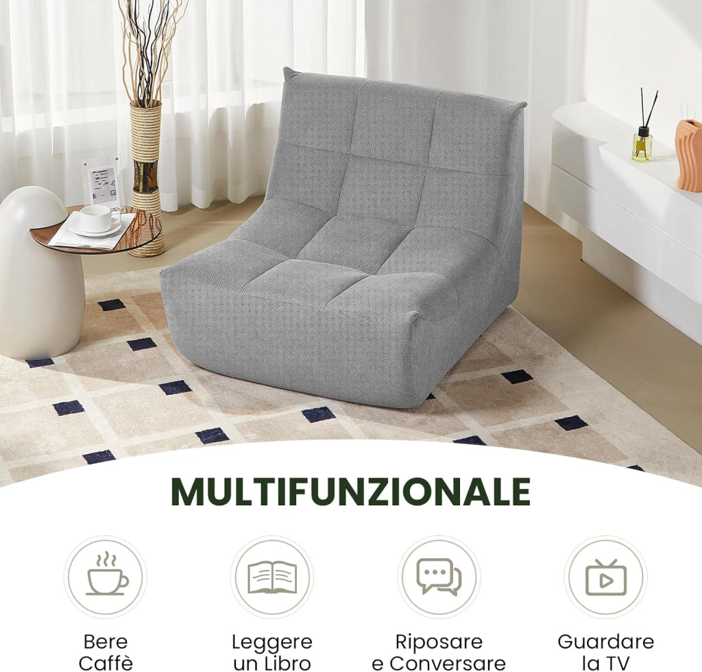 Poltrona Imbottita da Terra, Pouf Poltrona con Schienale, Sfoderabile, per Soggiorno, Camera da Letto, Balcone, 98x84x73 cm, in Spugna, Grigio, 0034XXY