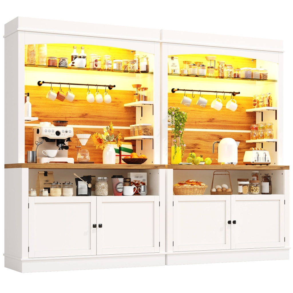 Credenza alta da cucina con LED RGB; ripiano in vetro e 6 ganci; set da 2; 107 × 34 × 184 cm