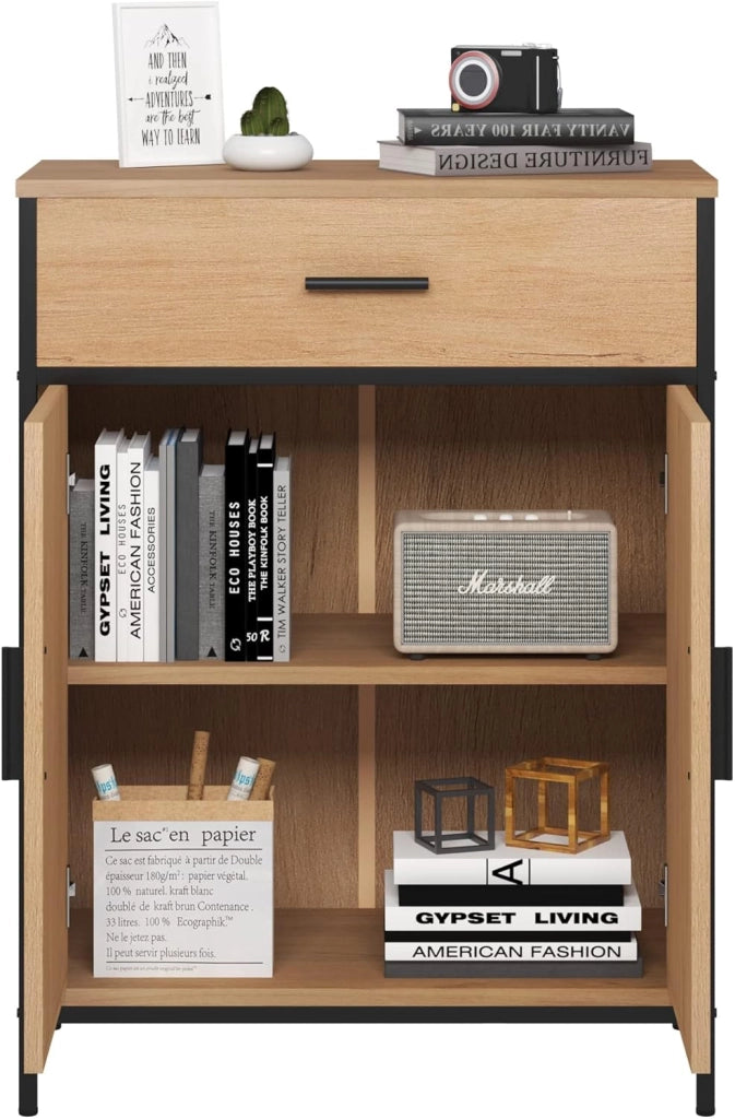 Mobile per Bagno da Terra, Armadietto da Bagno a 2 Ante in Legno e Metallo, Mobiletto Salvaspazio con Cassetto e Ripiano Regolabile, Stile Industriale, Marrone e Nero, 60x30x80 cm