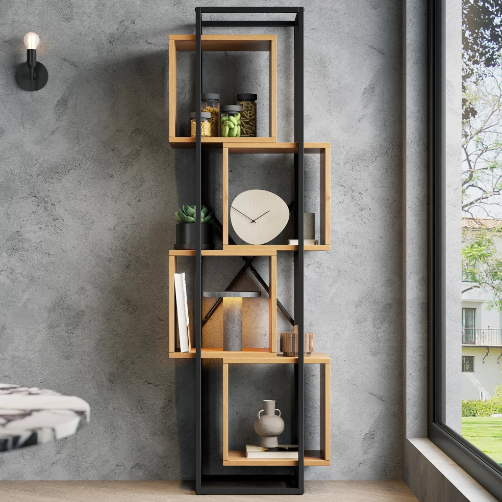 Scaffale verticale a 4 vani in MDF e ferro; nero e marrone; 59×30×180 cm