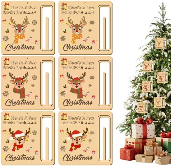 Decorazione di Natale a forma di eland in legno - 6 pezzi - Contenitore per soldi di Natale - Decorazione per la festa - Clip per soldi - Materiale in legno duraturo