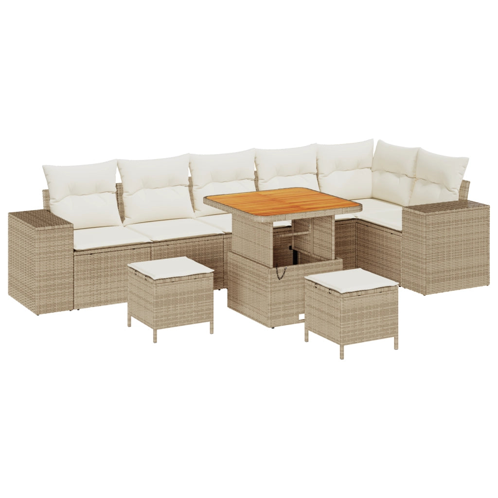 Set Divano Giardino 9 Pezzi con Cuscini Polyrattan Beige Acacia