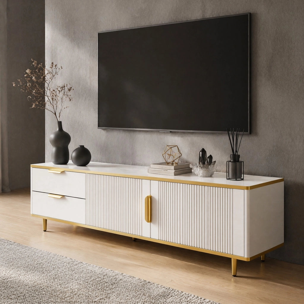 Mobile porta TV con 2 cassetti e 2 vani a giorno in MDF e pannello truciolare bianco e oro 170 × 37 × 45 cm