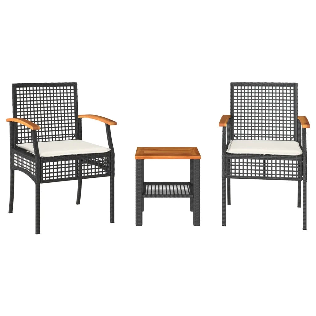 Set da BistrÃ² 3 pz con Cuscini Nero Polyrattan e Legno Acacia