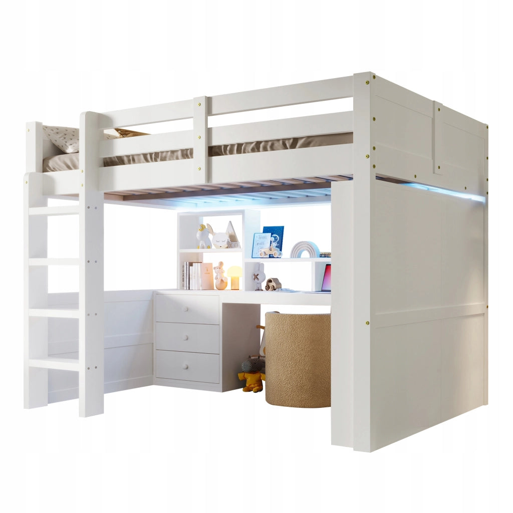 Letto a castello 140x200 - Xylo - Bianco con LED, scrivania, armadio