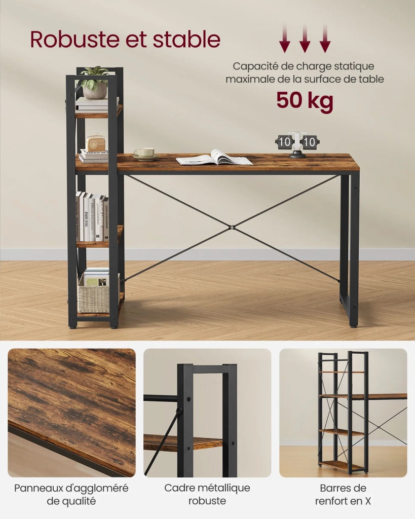 Scrivania per computer lunga 120 cm con ripiani a sinistra o a destra stabile facile da montare per l'ufficio domestico stile industriale marrone 12_0004657