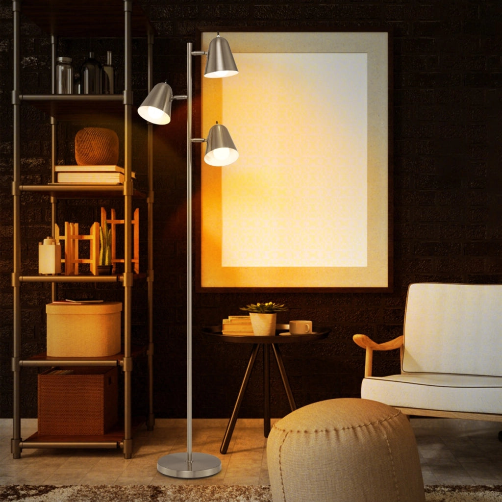 Lampada a forma di albero con 3 lampadine e paralumi regolabili, Palo in metallo robusto e base pesante Argento-Lampade