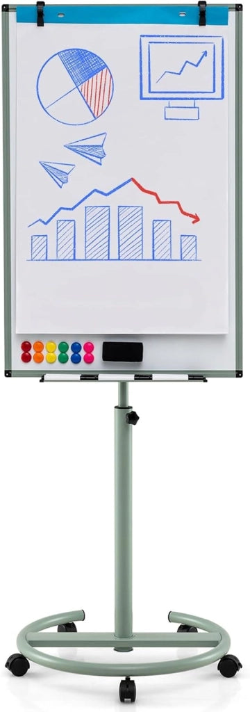 Lavagna mobile con base a rotelle, regolabile in altezza e ripiano per penne, 100 x 65 cm, lavabile a secco (verde)