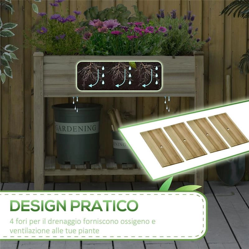 FIORIERA RIALZATA IN LEGNO CON GAMBE E RIPIANO INFERIORE PER GIARDINO E BALCONE 91X51X76CM