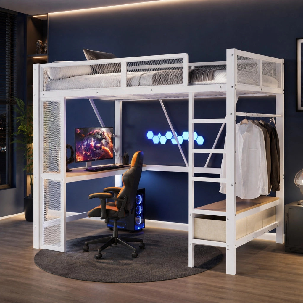 Letto a soppalco 140x200 cm con scrivania LED bianco