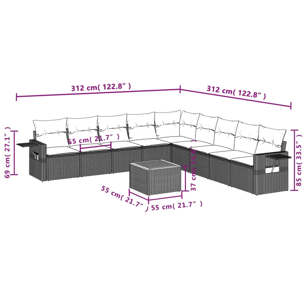 Set Divano da Giardino 10 pz con Cuscini Grigio in Polyrattan 3224611