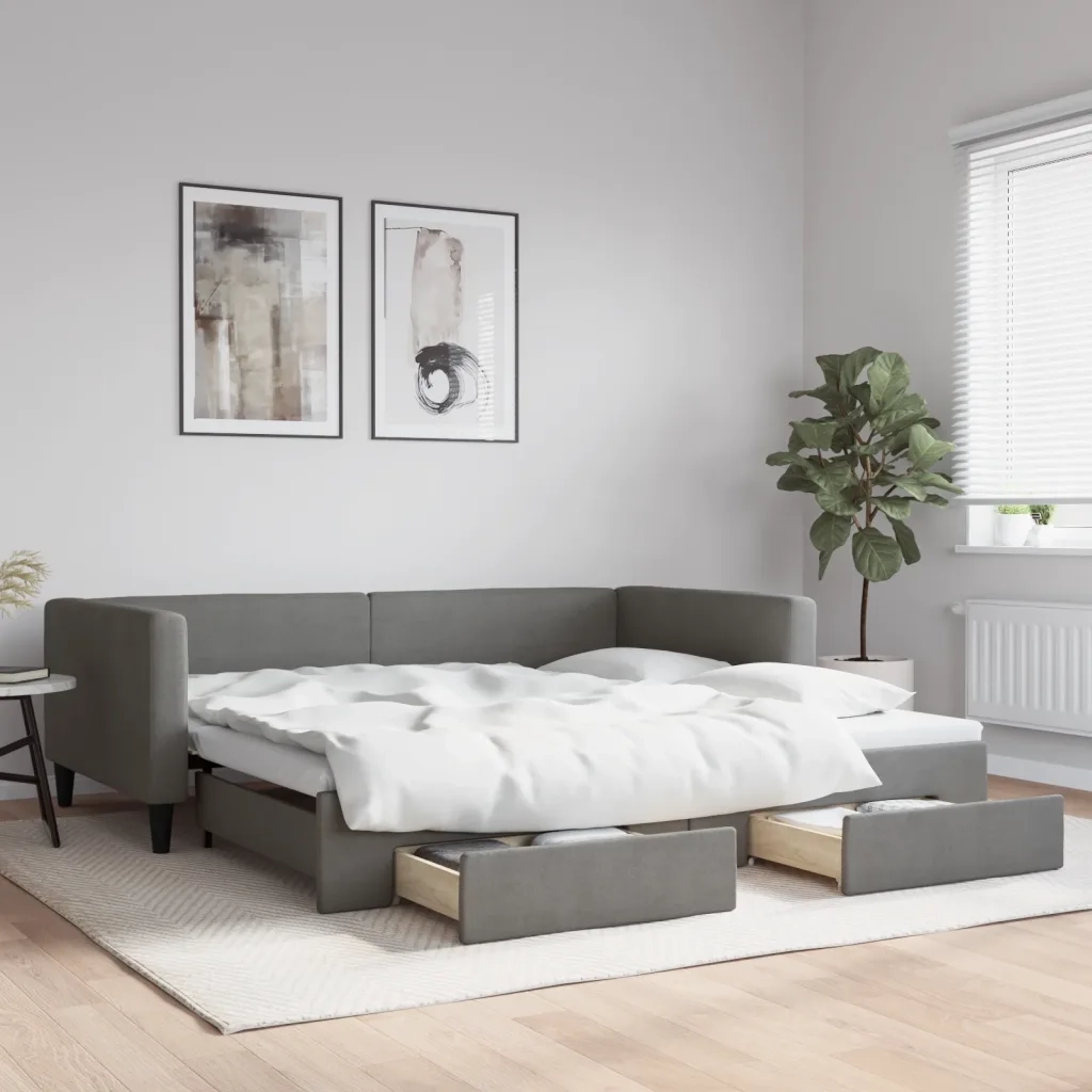 Divano Letto Estraibile Cassetti Grigio Scuro 100x200cm Tessuto 3196620