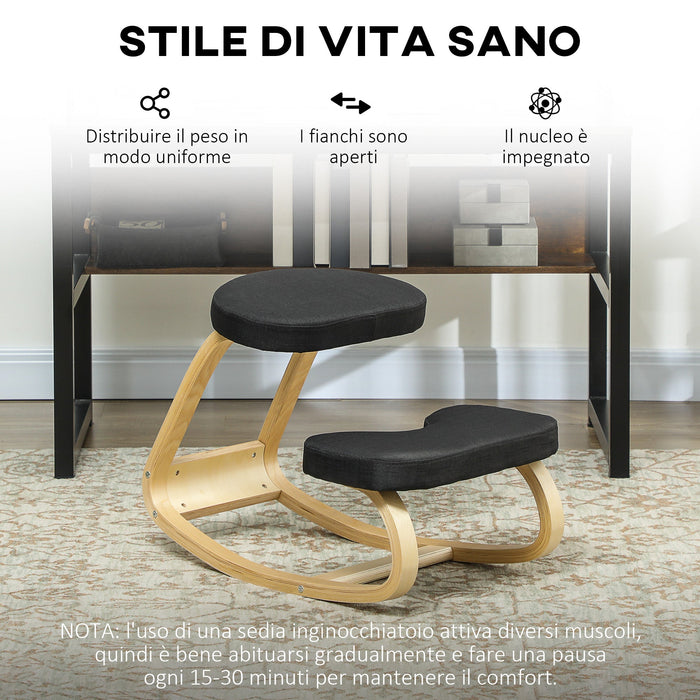 Sedia Inginocchiatoio con Movimento a Dondolo 50x73x55 cm in Tessuto Effetto Lino e Legno di Betulla Nero