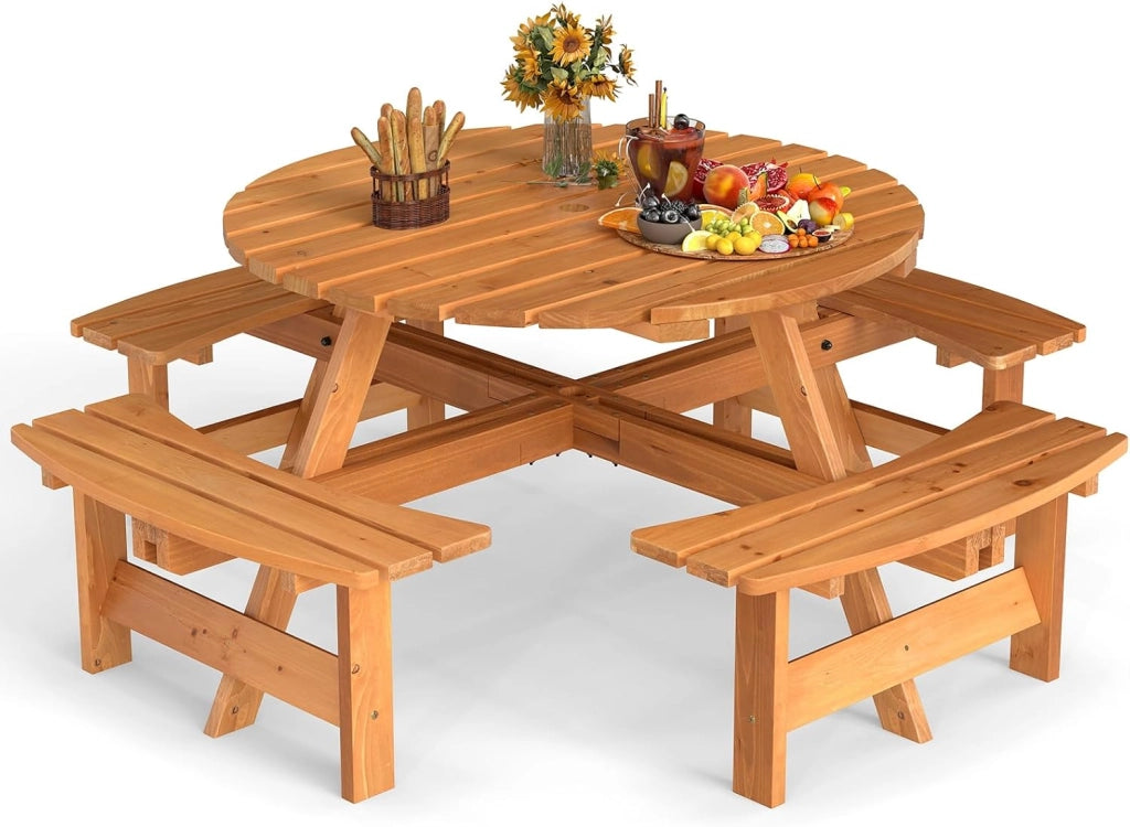 Set da Giardino per 8 Persone in Legno di Abete, Tavolo con Sedie Integrato e Foro per Ombrellone, Mobili da Esterno per Terrazza, Cortile e Pic-Nic, 178 x 70 cm