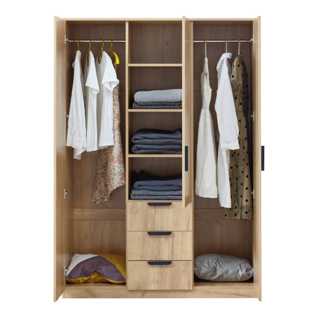 Armadio moderno per camera da letto mobile contenitore senza tempo con 2 aste appendiabiti 4 ripiani e 3 cassetti in MDF 176 x 120 x 52 cm effetto rovere 03_0006374