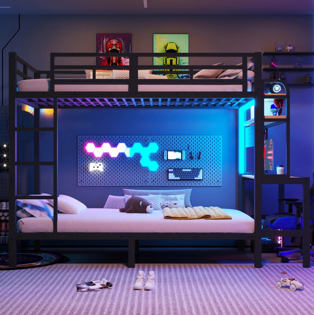 Letto a castello 90x200 cm con scrivania, ripiani, LED e USB