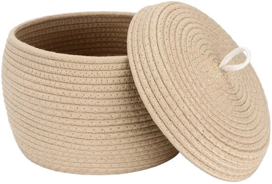 Organizzatore multifunzionale rotondo di corda di cotone con coperchio - Organizzatore per snack, asciugamani e altro - Ideale per la casa, 25 x 19 cm (piccolo, kaki)