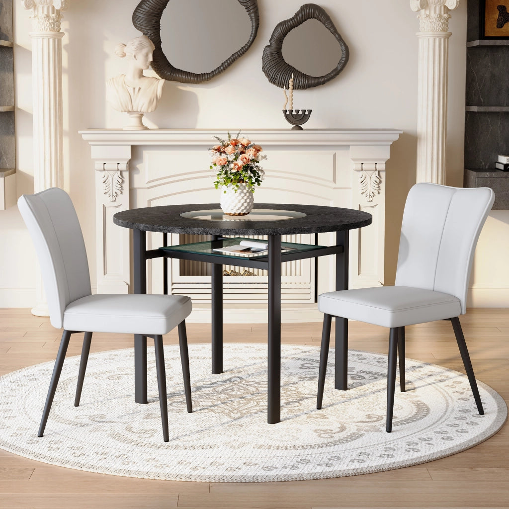 Tavolo da pranzo rotondo con inserto in vetro, ripiano in vetro e 2 sedie, per 2-4 persone, nero, diametro 100 cm