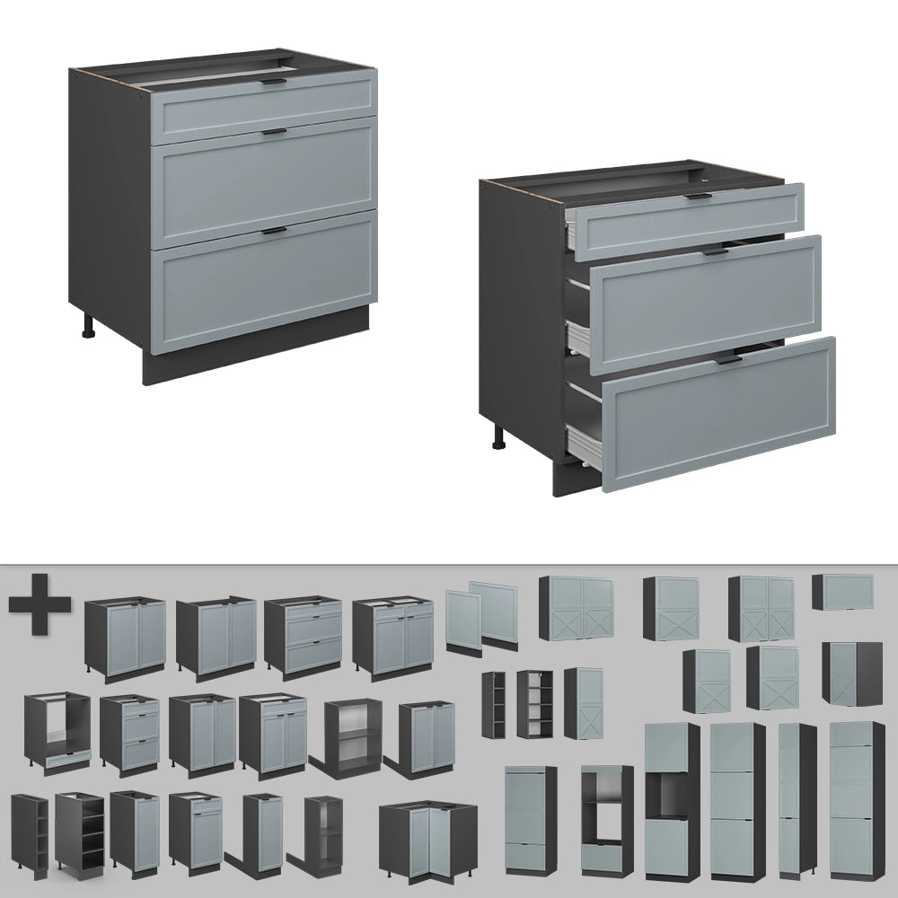 Mobiletto base per cucina Fame-Line Blu-grigio chiaro/Antracite 80 cm con 3 cassetti, PL Rovere Vicco