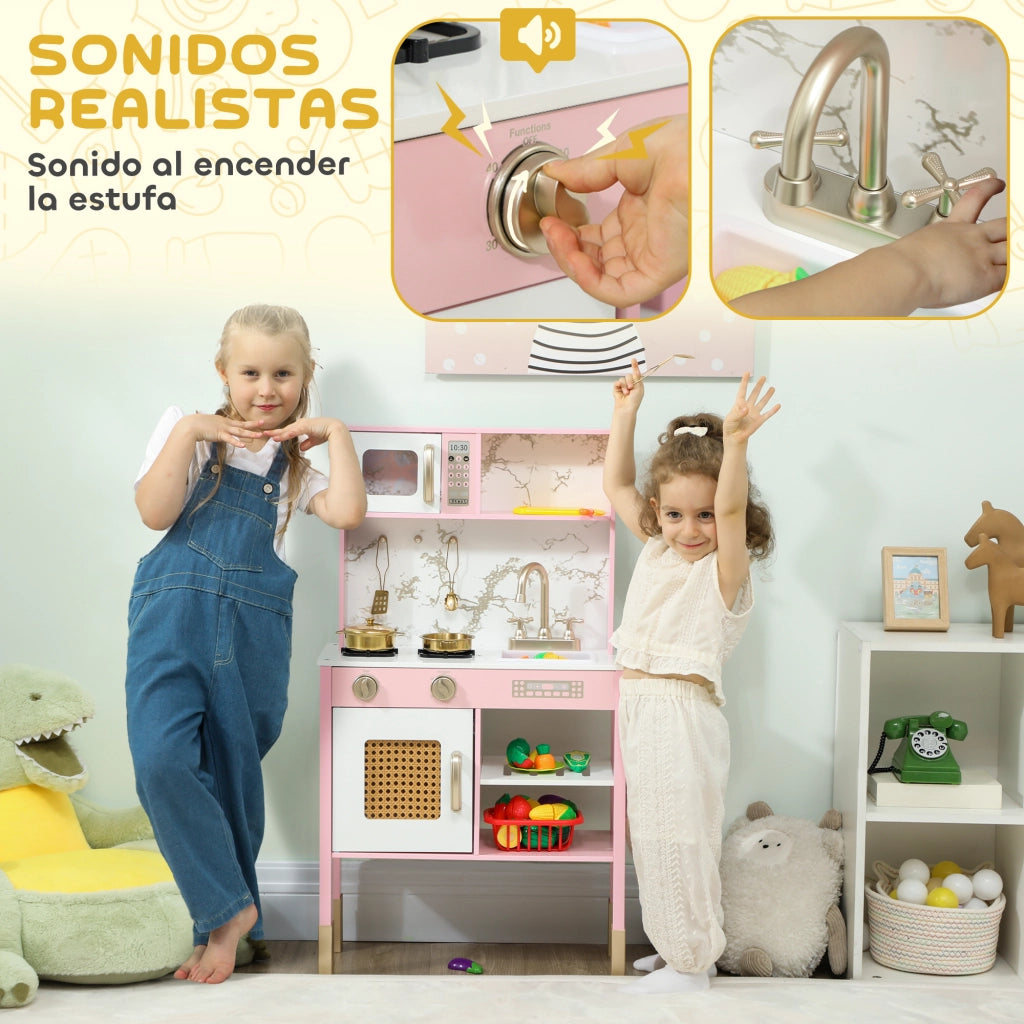 Cucina Giocattolo in Legno con Accessori e Suono ¨C Zephmum ¨C Rosa, Acciaio Inox