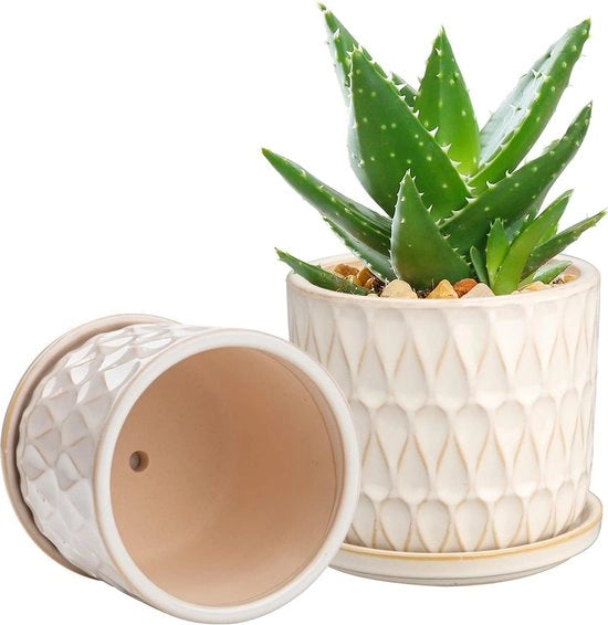 Set di 2 vasi ceramici - Diametro 14 cm/115 cm - Con fessure di drenaggio - Vaso bianco per piante grasso, orchidee, erbe - Utilizzo interno ed esterno