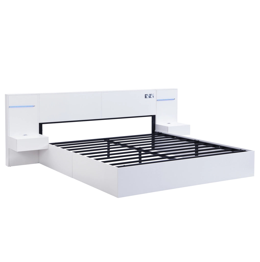 Letto matrimoniale 160x200 cm in MDF bianco con USB; Bluetooth; orologio e luci LED