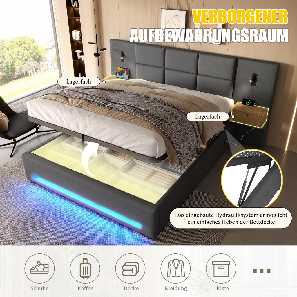LETTO Contenitore 180x200 cm in velluto grigio scuro con USB-C e LED