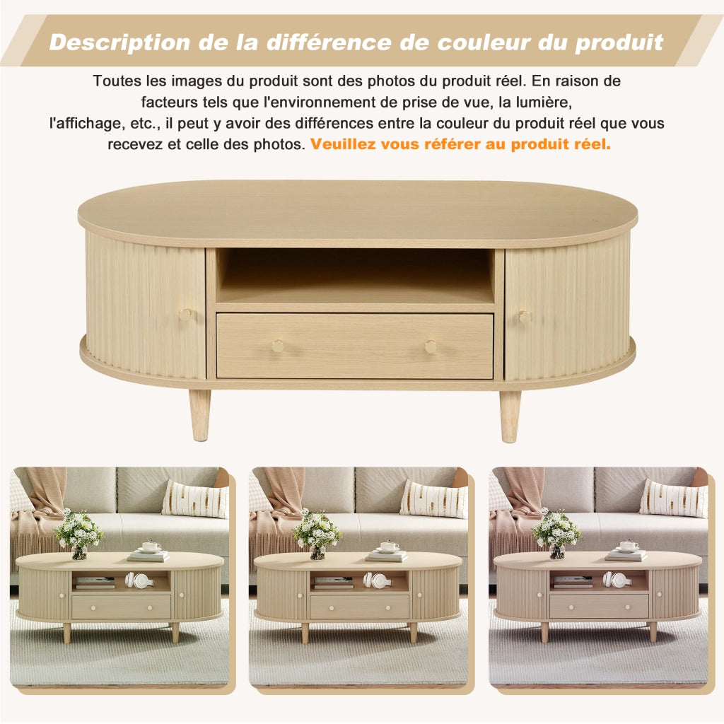 Tavolino basso ovale con 1 cassetto, vani aperti e anta scorrevole, per soggiorno, in MDF, rovere, 100 × 50 × 36 cm