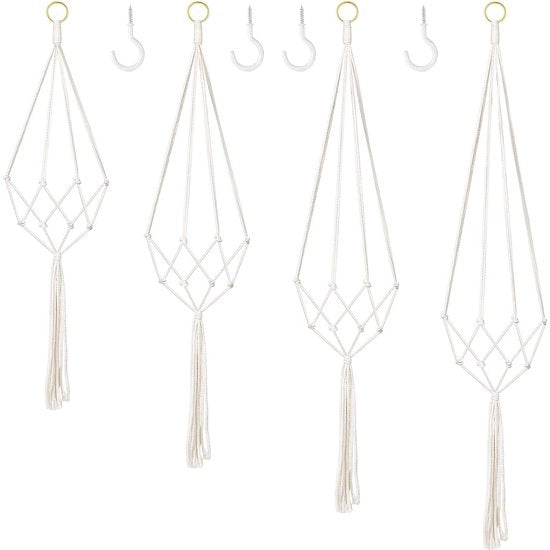 Set di 4 Pendenti Macramé, Decorazione Boho per Bambù, Pendente in Lana per Vaso, Pianta, Porta oggetti per Interno Esterno, Plafond, Balcone, Decorazione per Parete (Beige)