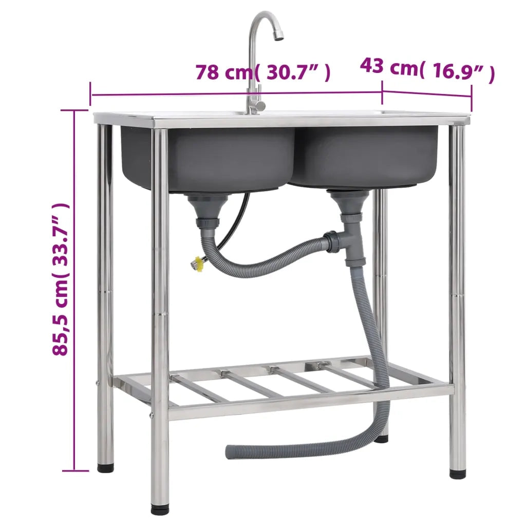 Lavello da Campeggio Vasca Doppia con Rubinetto in Acciaio Inox CFW2412441