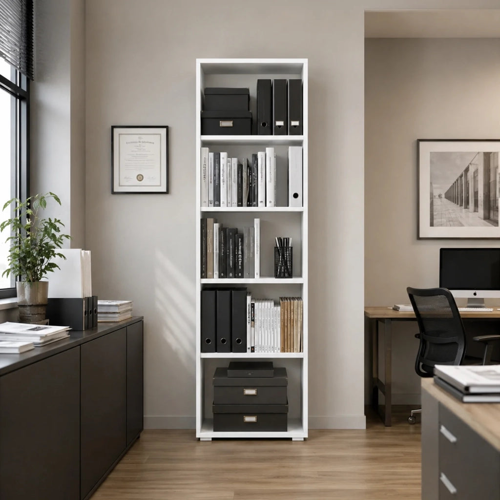 Libreria Verticale Bianca Alta con 5 Ripiani Regolabili | Scaffale Salvaspazio per Libri, Documenti e Decorazioni | Mobile Moderno per Casa, Ufficio e Studio 60x30x195 cm