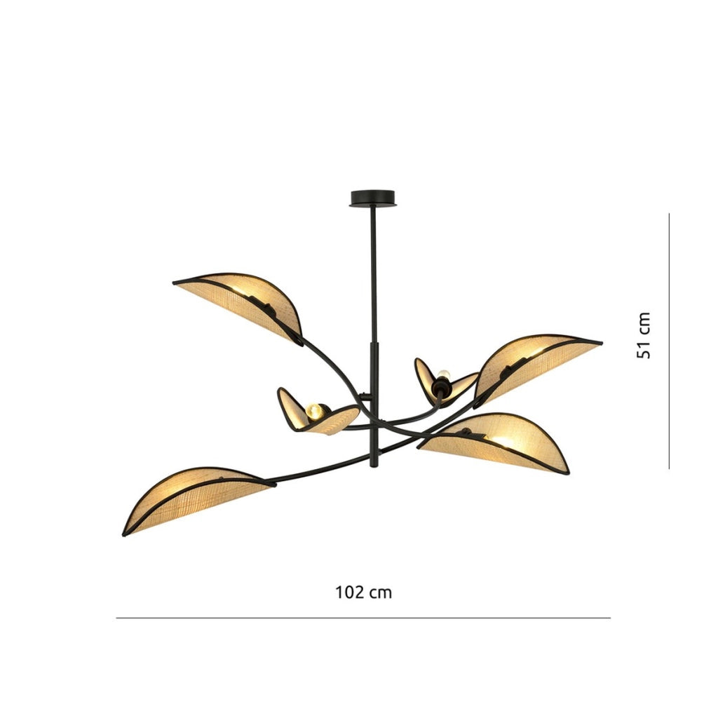 Lampada a sospensione Lotus in acciaio nero e rattan