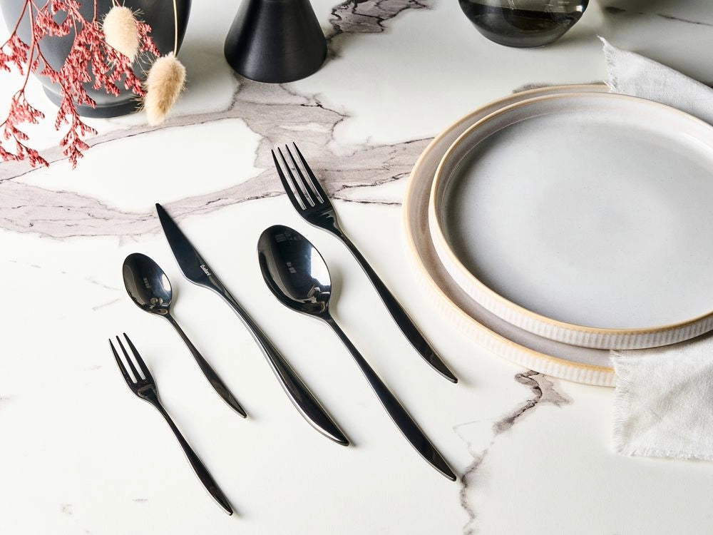 Set di posate in acciaio inossidabile nero 30 pezzi per ogni occasione Coltello Cucchiaio Forchetta Cucchiaino Forchetta da torta Design moderno