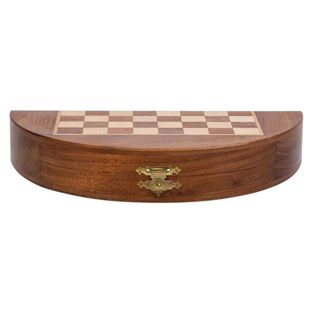 Scacchi magnetici con scatola semirotonda in legno marrone d23x2h