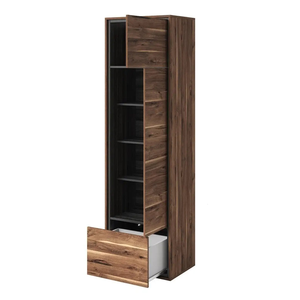 Vetrina alta design con 1 porta, 1 cassetto e 4 nicchie a vista collezione SILVA colore rovere e grigio.
