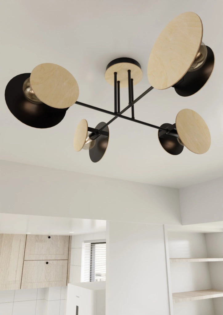 Plafoniera Emibig Zita 4 moderna nera/legno 4xE27 86x36cm