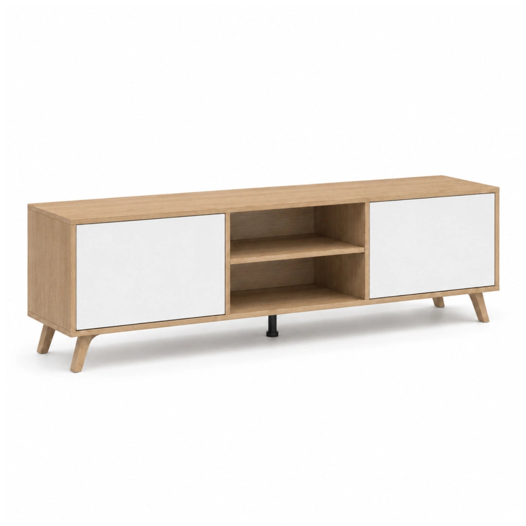Mobile TV Contemporaneo Con 2 Ante Battenti Ripiani Centrali Aperti Gambe Design Scandinavo Per Televisori Fino A 75 Pollici 180 X 39,6 X 49 Cm Bianco E Rovere