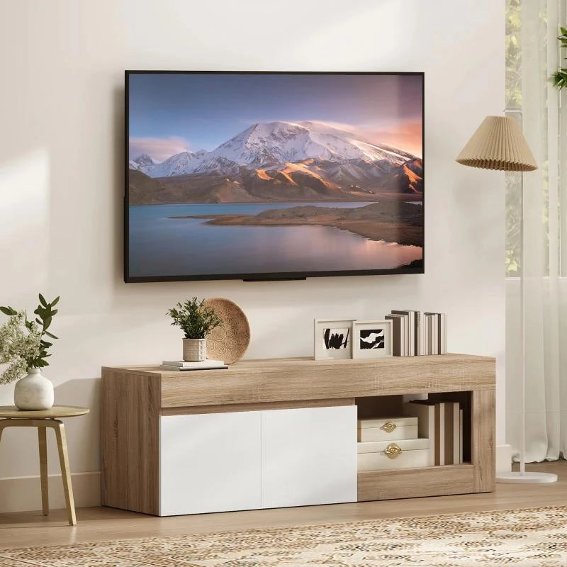 MOBILE TV MODERNO 60" MAX CON ARMADIETTO 2 ANTE E RIPIANO APERTO, 140X40X48 CM, BIANCO E COLOR LEGNO