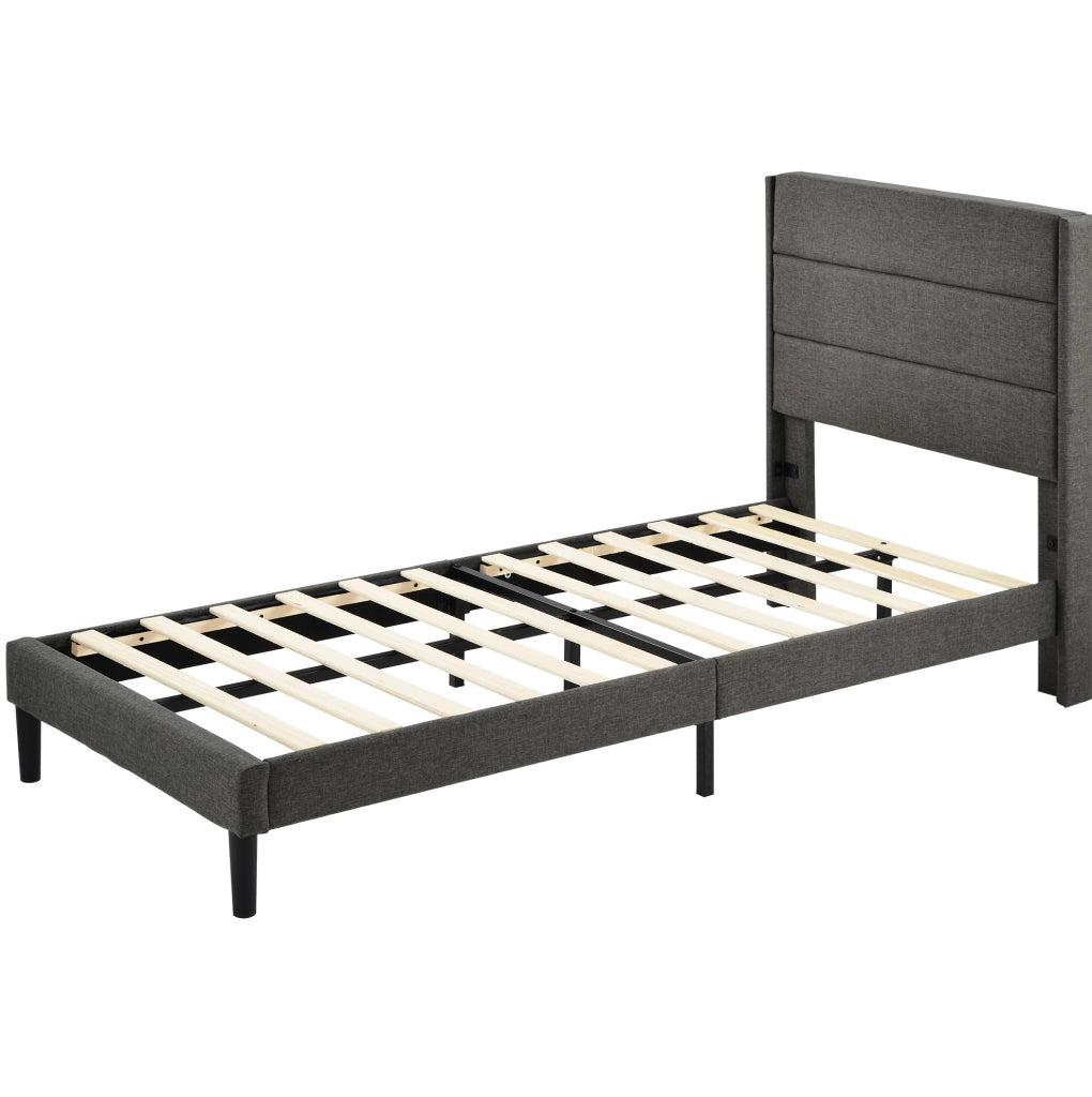Letto imbottito 90x200 cm con testiera e rete a doghe; in tessuto lino grigio