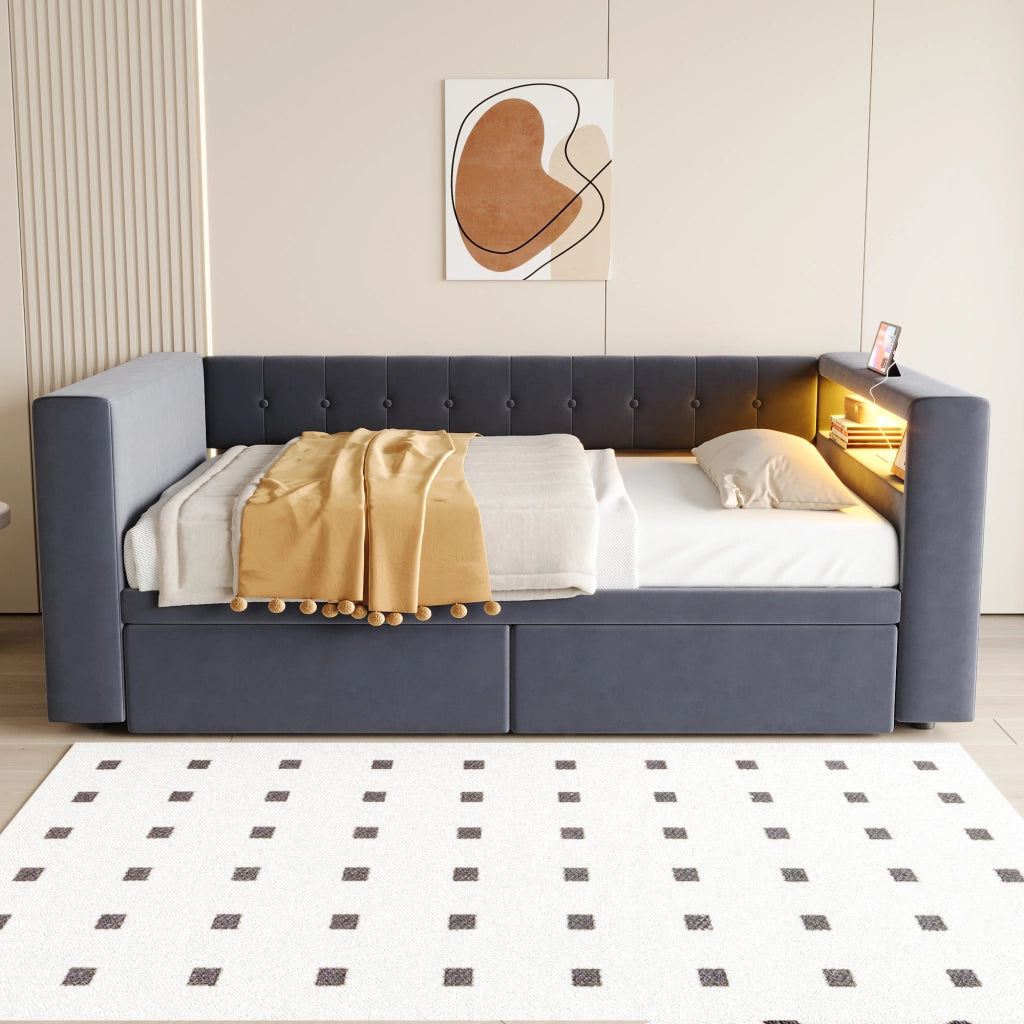 Letto singolo imbottito 90×190 cm con LED; prese e 2 cassetti; senza materasso; grigio scuro