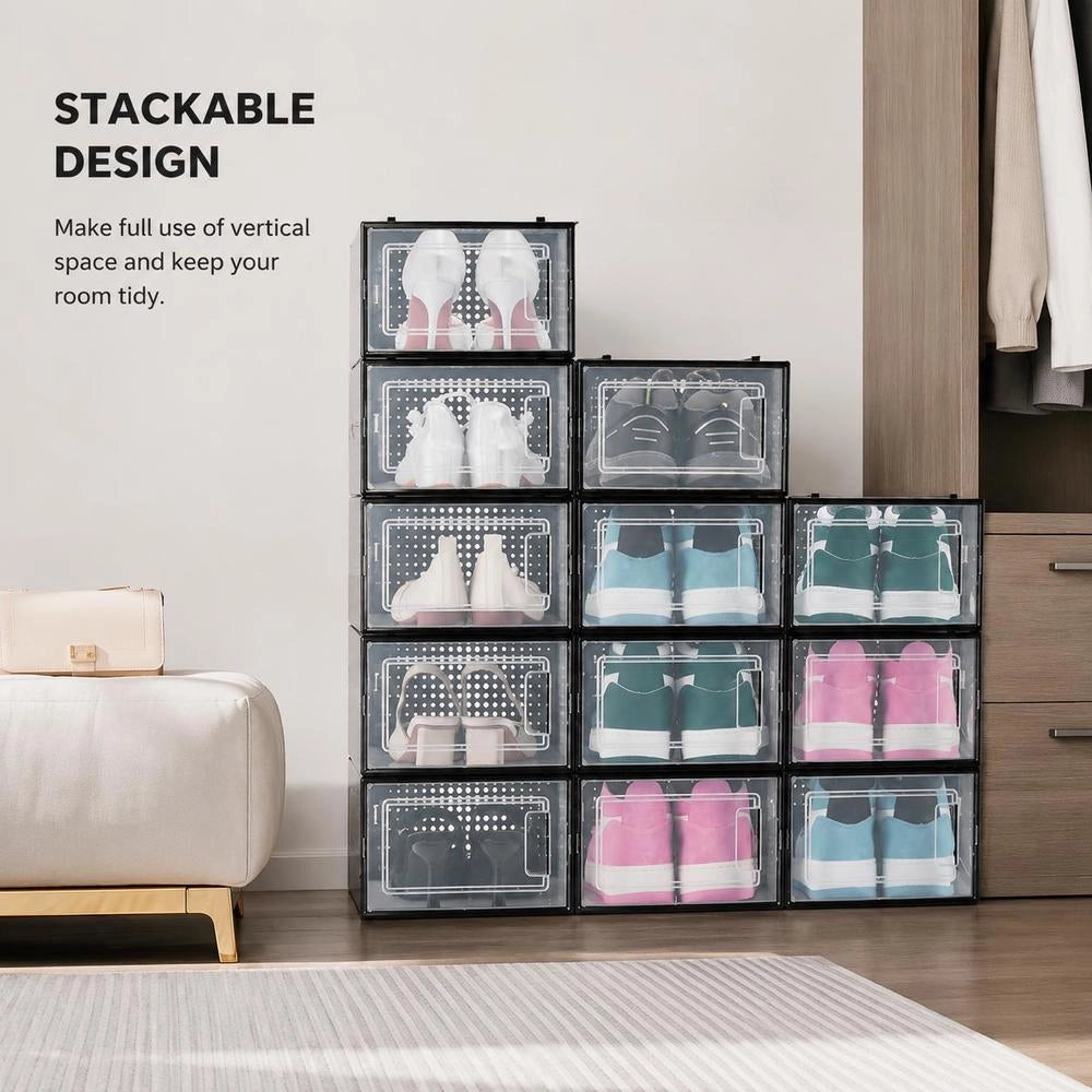 Shoe Storage Boxes, Stackable Shoe Boxes (12 Pcs), Fits Up To US Size 11, Modular Plastic Shoe Organizers For Storing High Heels, Boots, And Hats, Black Frame
