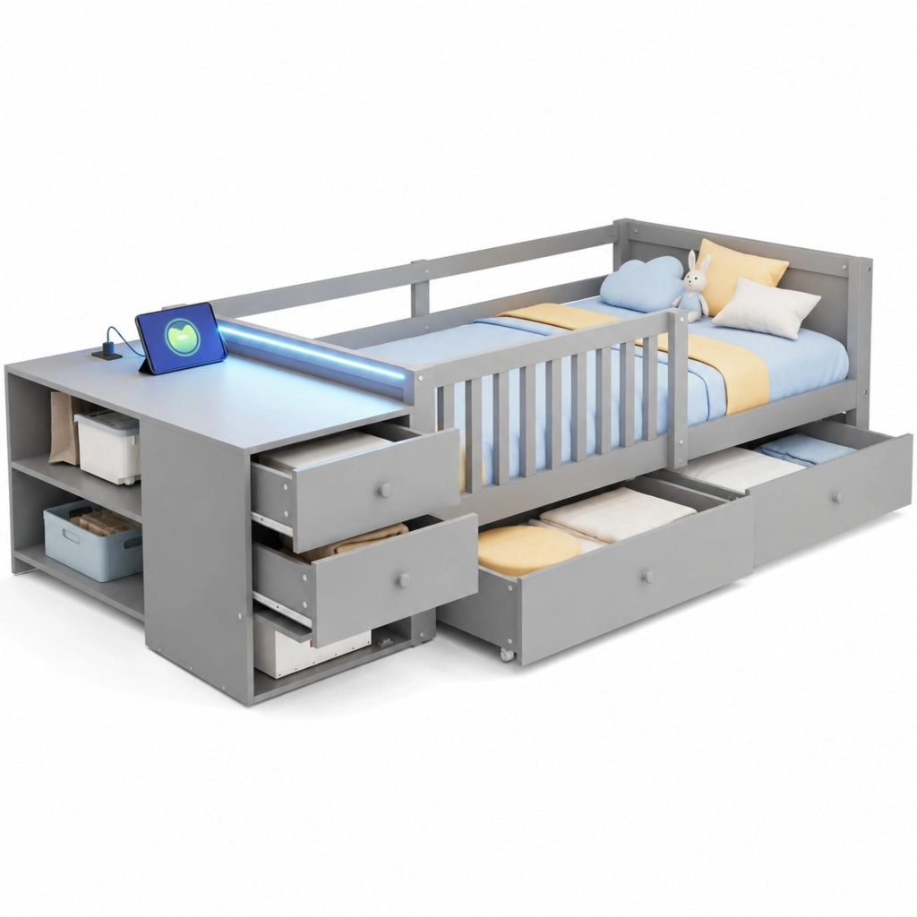 Letto a soppalco per bambini 90 x 200 cm con contenitore separato; LED e presa; grigio