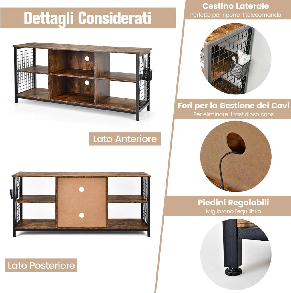 COSTWAY Mobile TV Industriale Fino a 65", Tavolo Multimediale a 3 Ripiani con Cesto Portaoggetti, Mobile TV in Legno con 2 Fori per La Gestione dei Cavi, 140 x 40 x 63 cm