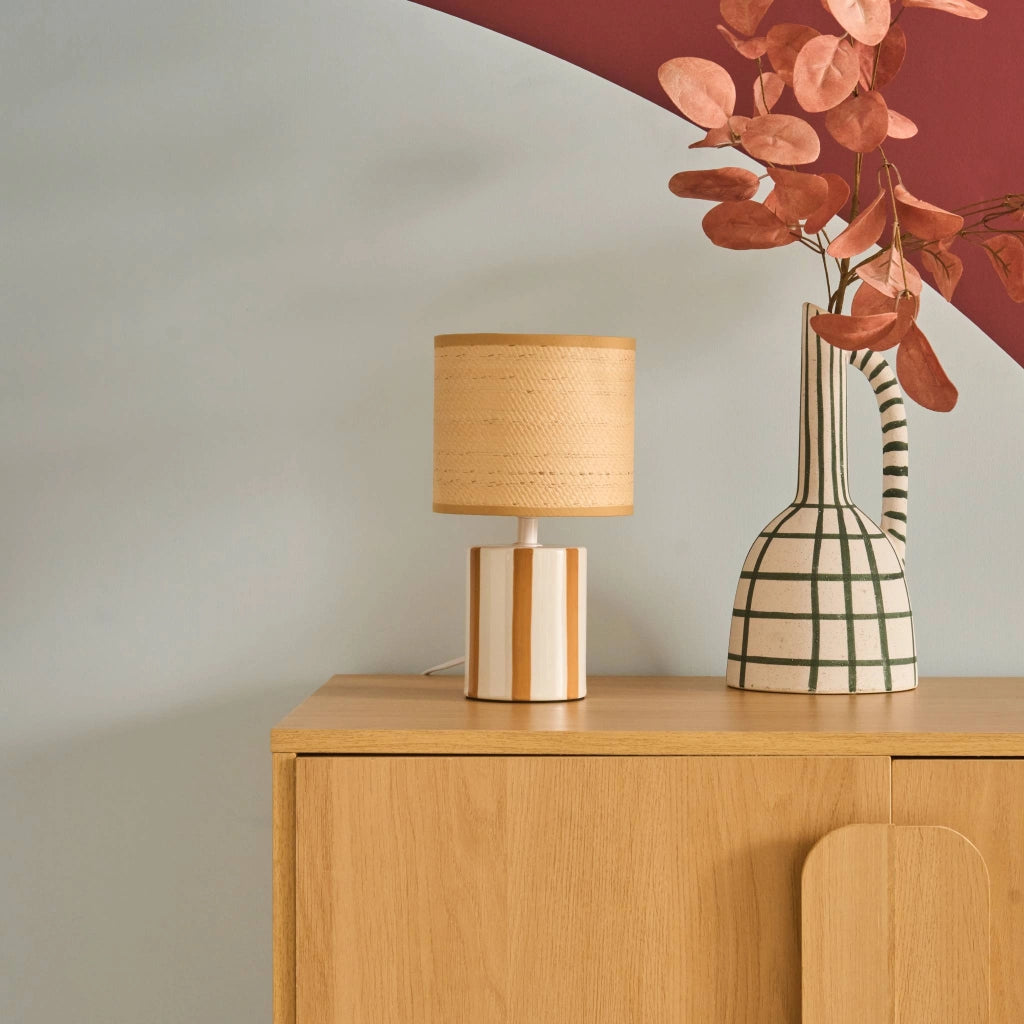Lampada da tavolo interno ceramica paralume effetto rattan, 28cm,