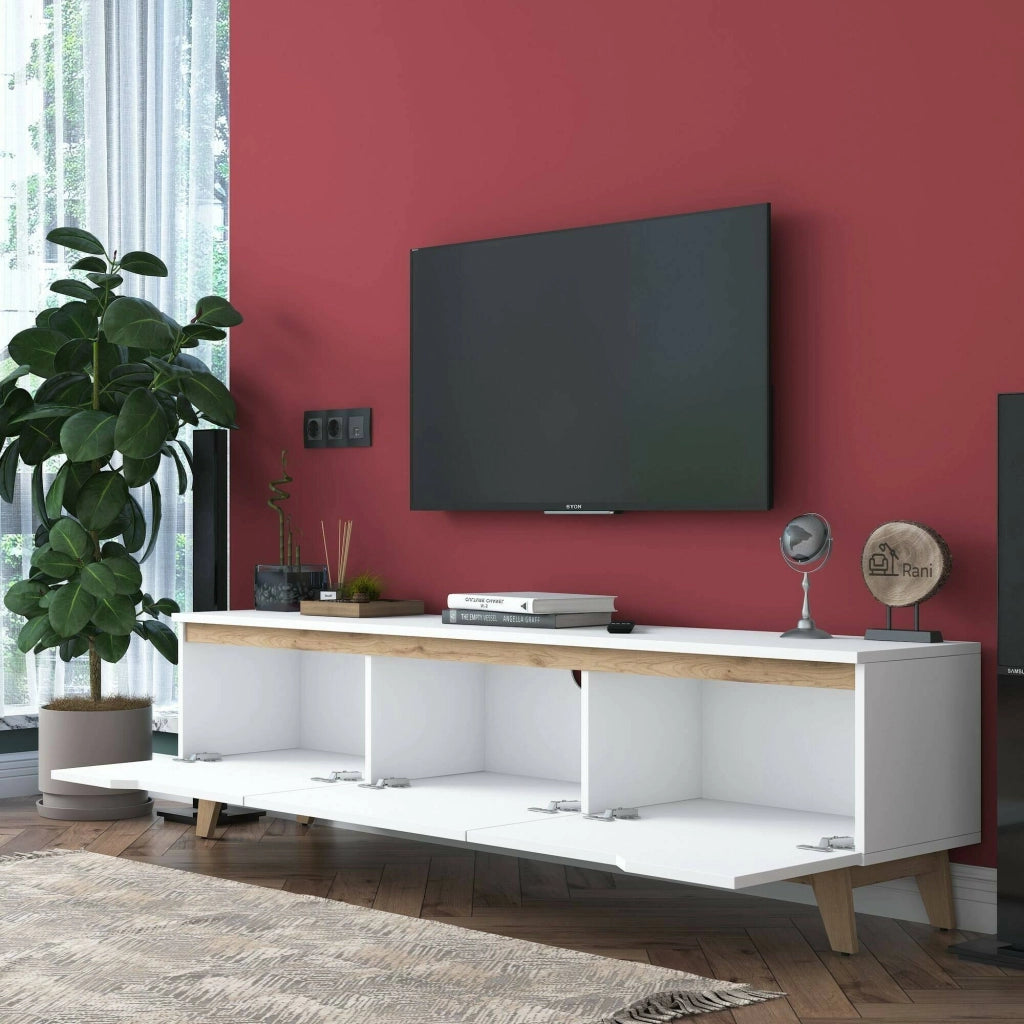 Mobile porta TV Apatite, Credenza da soggiorno, Armadio basso per TV, Base parete attrezzata, 180x35h49 cm, Bianco e Rovere