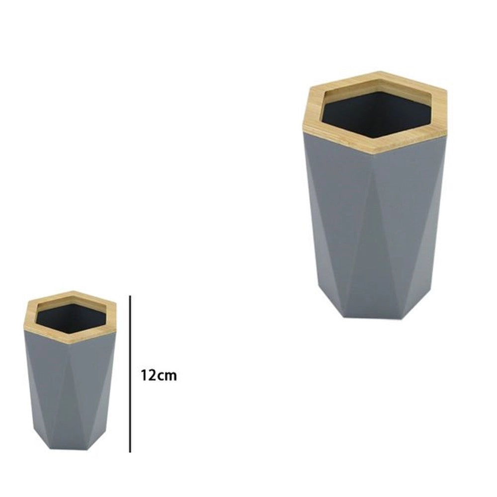 Trade Shop - Bicchiere Porta Spazzolini A Cilindro Esagonale Geometrico Grigio Legno Da Bagno 10847 -