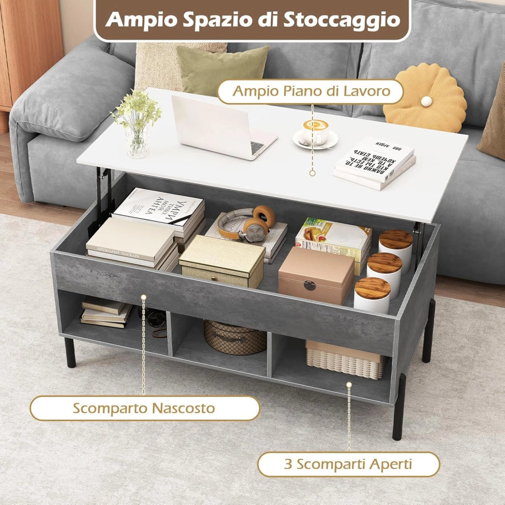 Tavolino da Caffè Sollevabile, Tavolo da Salotto con Piano Sollevabile, Ampio Comparto Nascosto, 3 Scomparti Aperti e Gambe in Metallo, Ideale per Salotto e Ufficio (Grigio)